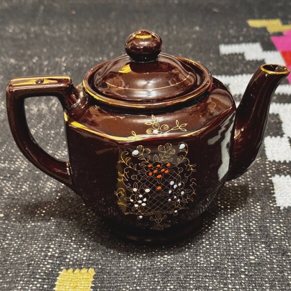 Moriage Style Ceramic Redware Teapot, Brown Flora, Vintage Pre-War Japan - Picture 14 of 16